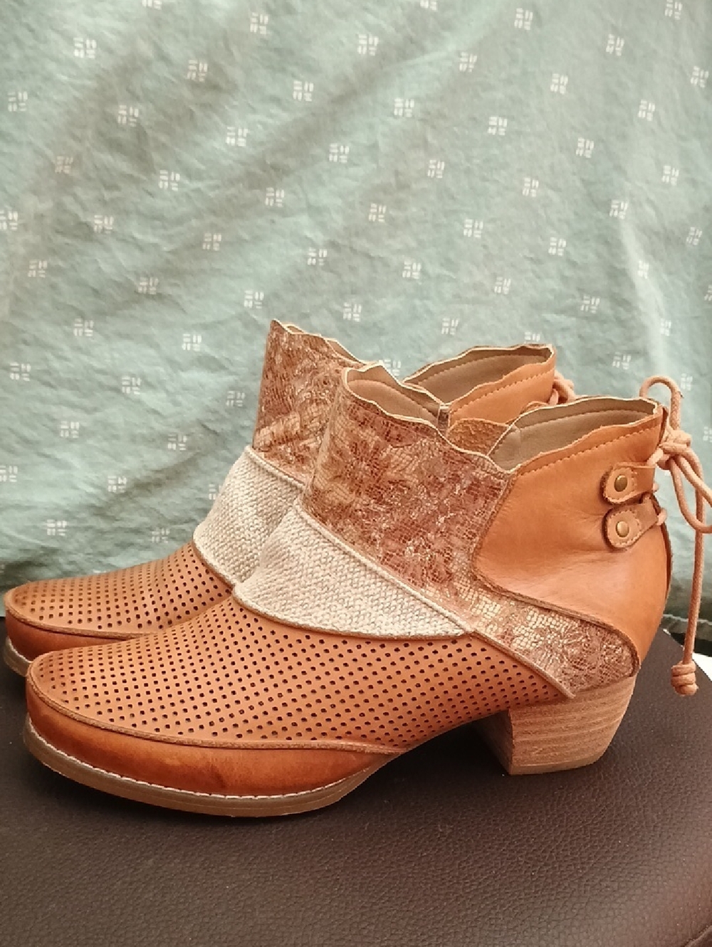 Perforated Tan Lace-Up Ankle Booties with Mixed-Texture Panels